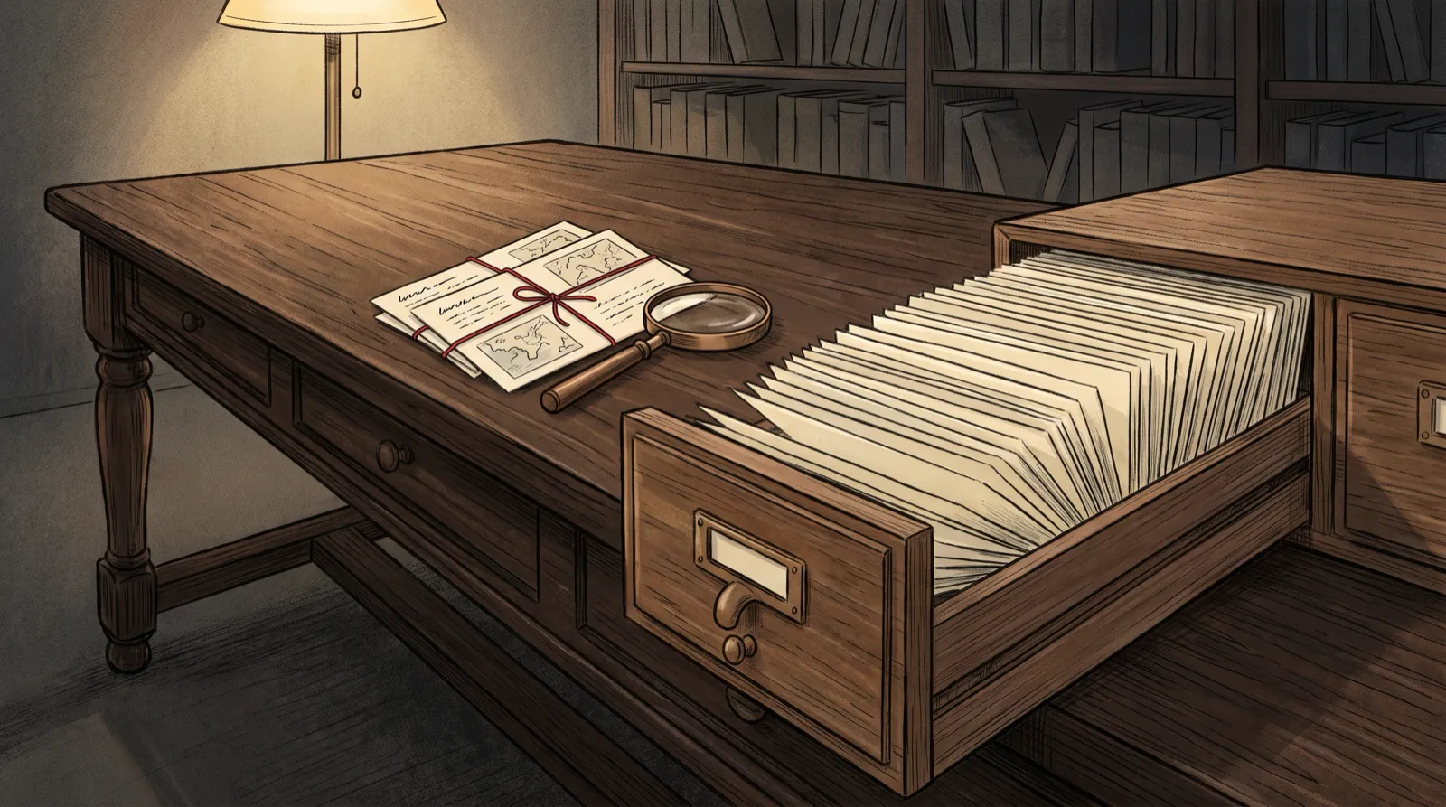 Ilustración de una mesa de biblioteca con fichas de papel y una lupa que selecciona algunas fichas marcadas con hilo rojo