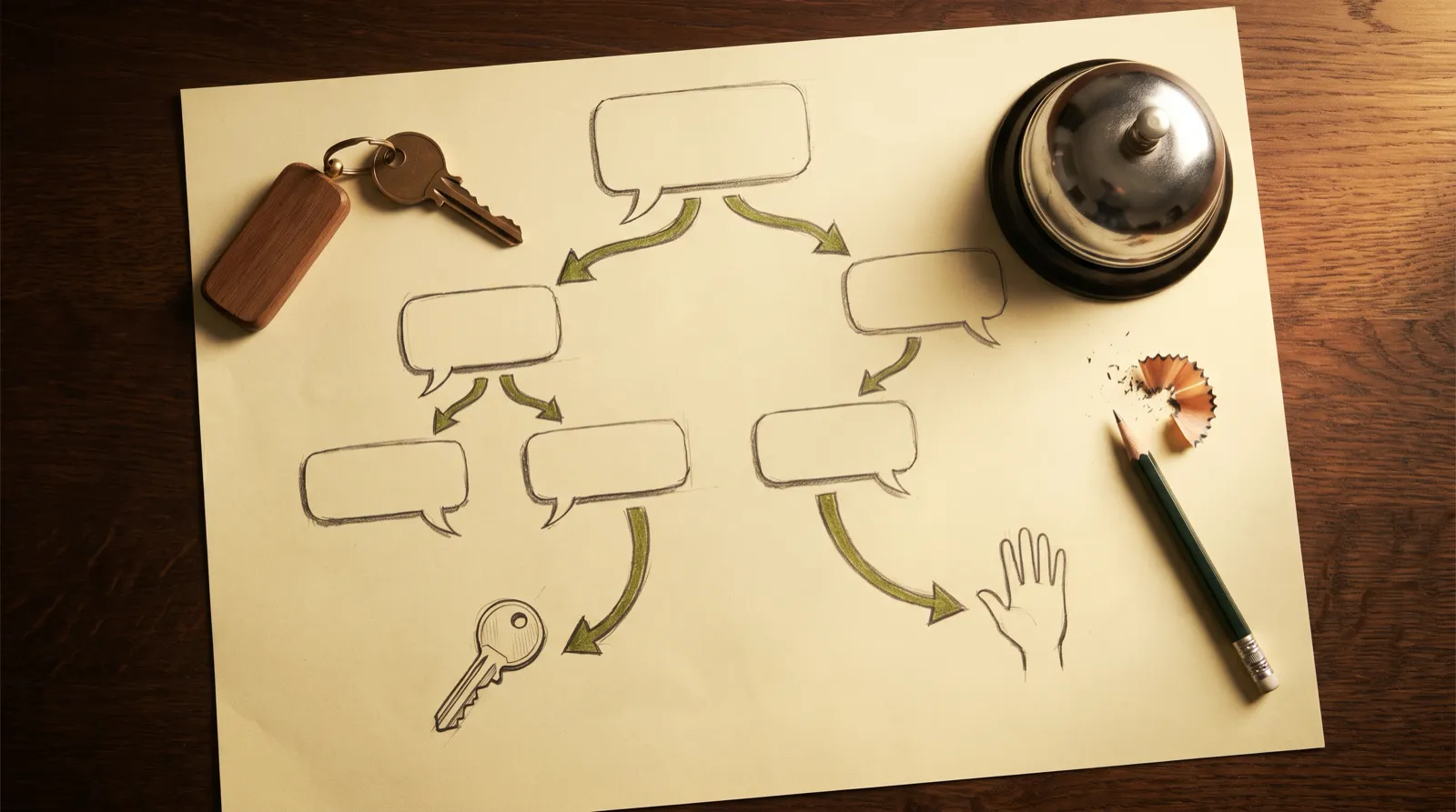 Ilustración de un diagrama de flujo dibujado a lápiz sobre papel, con globos de conversación que se bifurcan hacia una reserva y hacia una persona