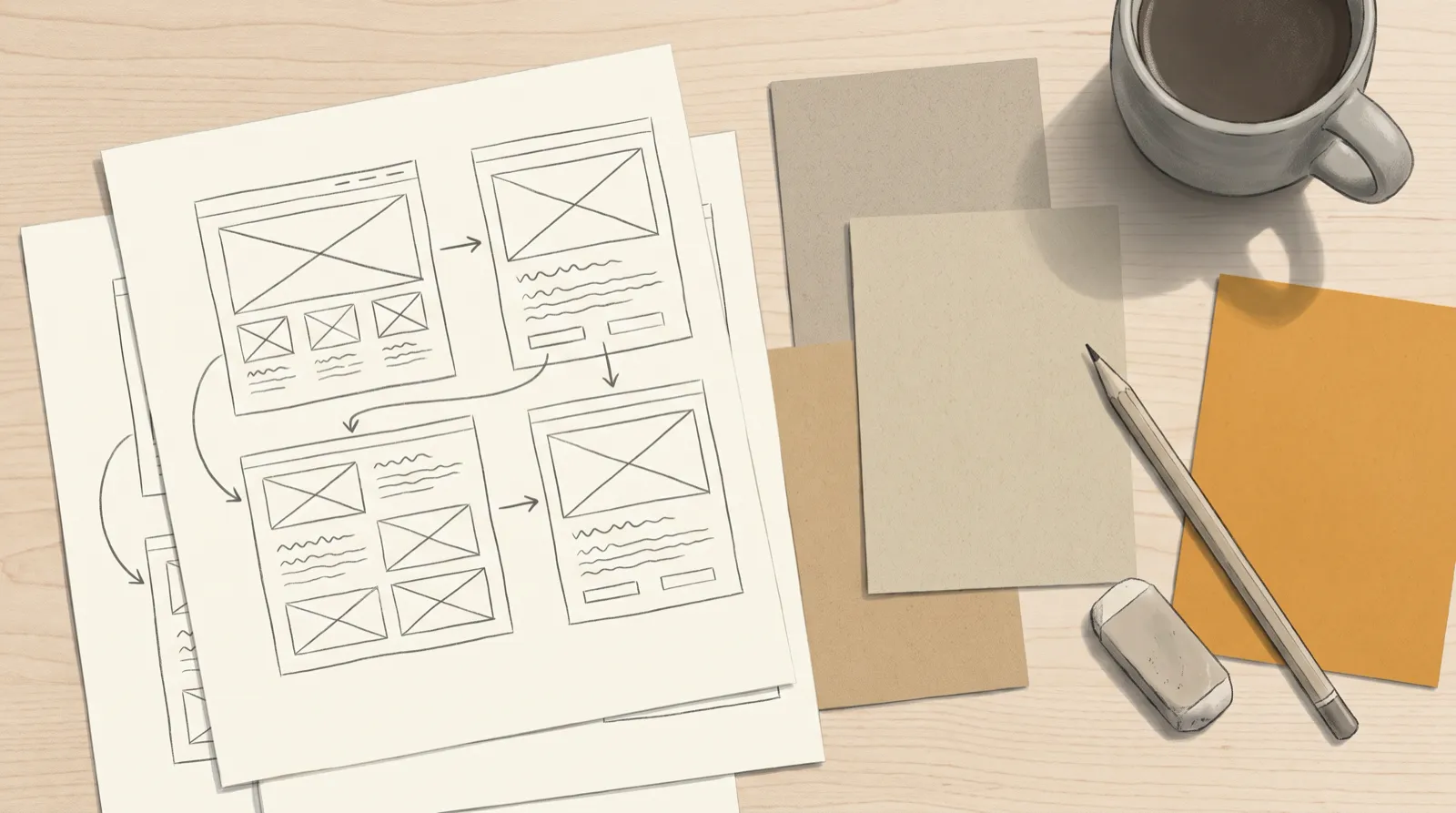Ilustración de una mesa de trabajo con bocetos a lápiz de las páginas de un sitio web, fichas de papel y una taza