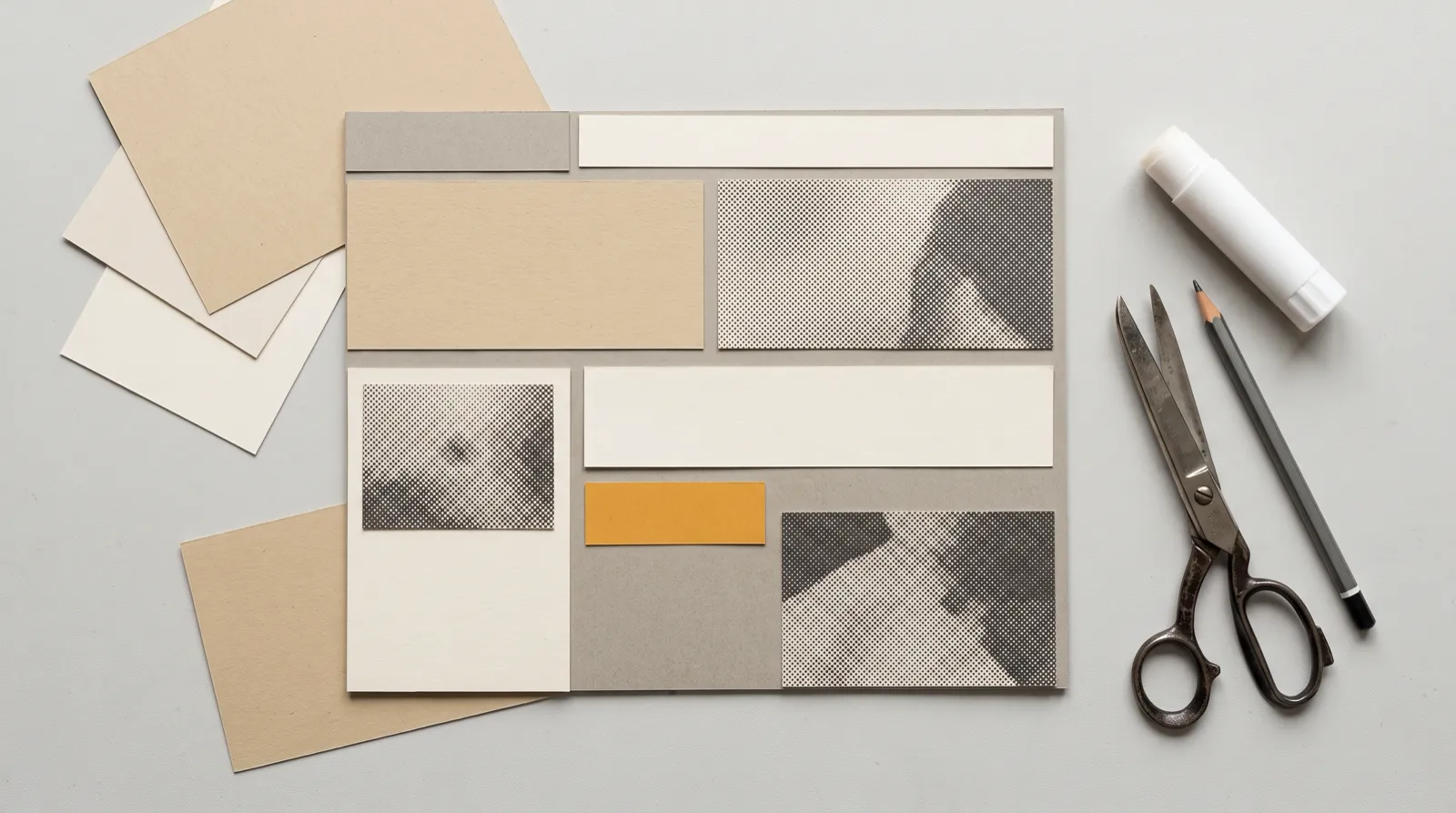 Ilustración de un collage de papel con bloques de una página web armándose solos sobre una mesa, junto a lápices y recortes
