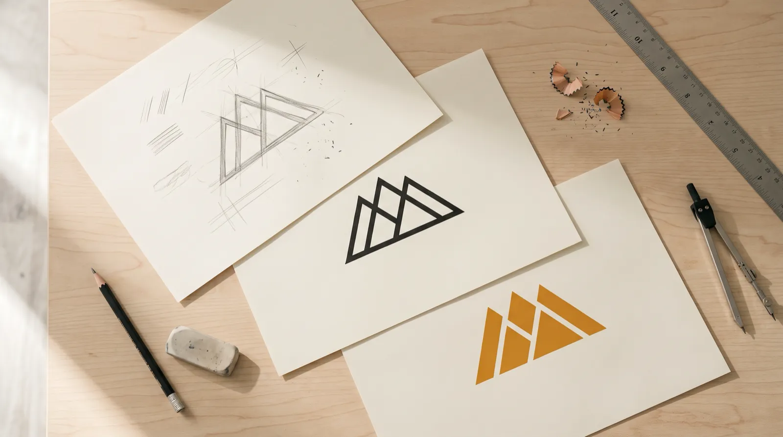 Bocetos a lápiz de un símbolo geométrico en distintas etapas sobre papel croquis, junto a lápices y una regla