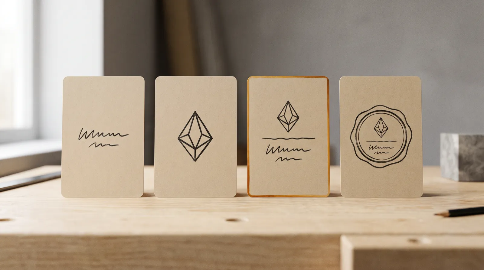 Cuatro tarjetas dibujadas a mano con los tipos de logo: solo palabra, solo símbolo, símbolo y palabra separados, y combinados