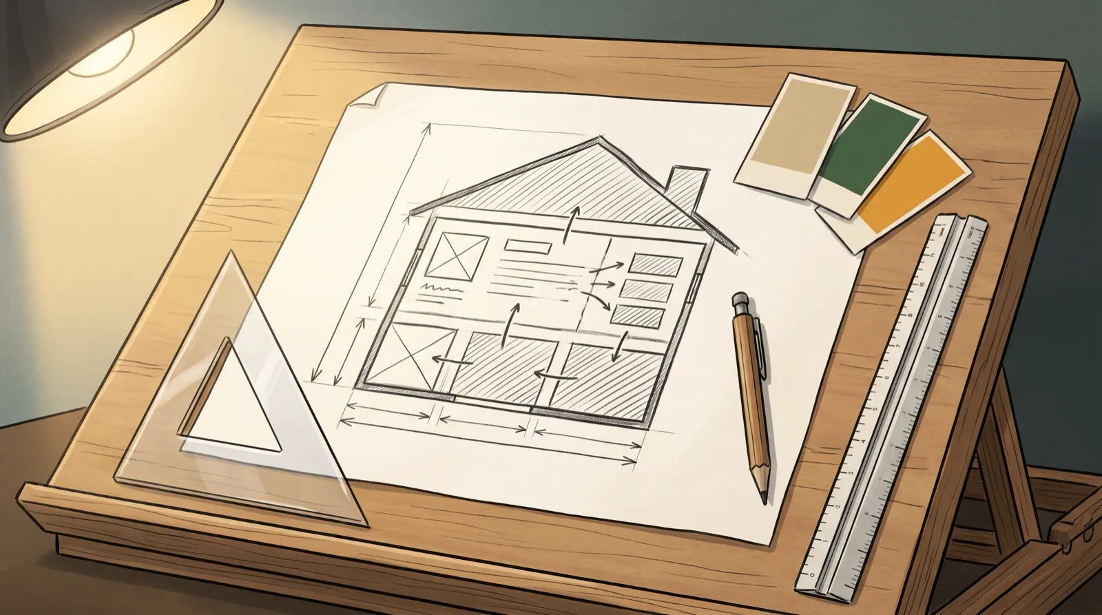Ilustración de un croquis de arquitecto con la planta de una página web, escuadras y muestras de color sobre un tablero de dibujo