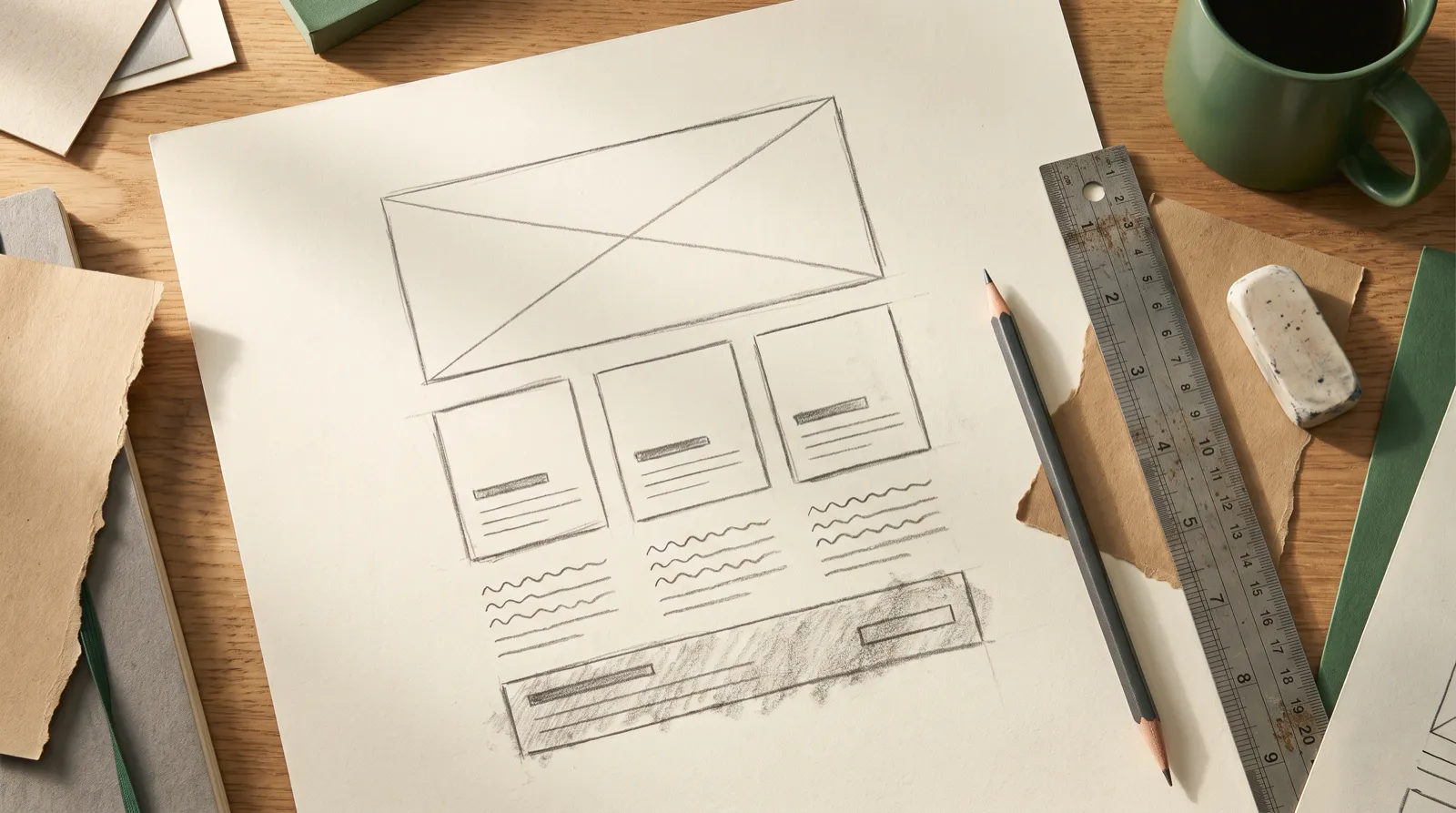 Boceto a lápiz de la estructura de una página web, con sus secciones dibujadas como bloques sobre papel