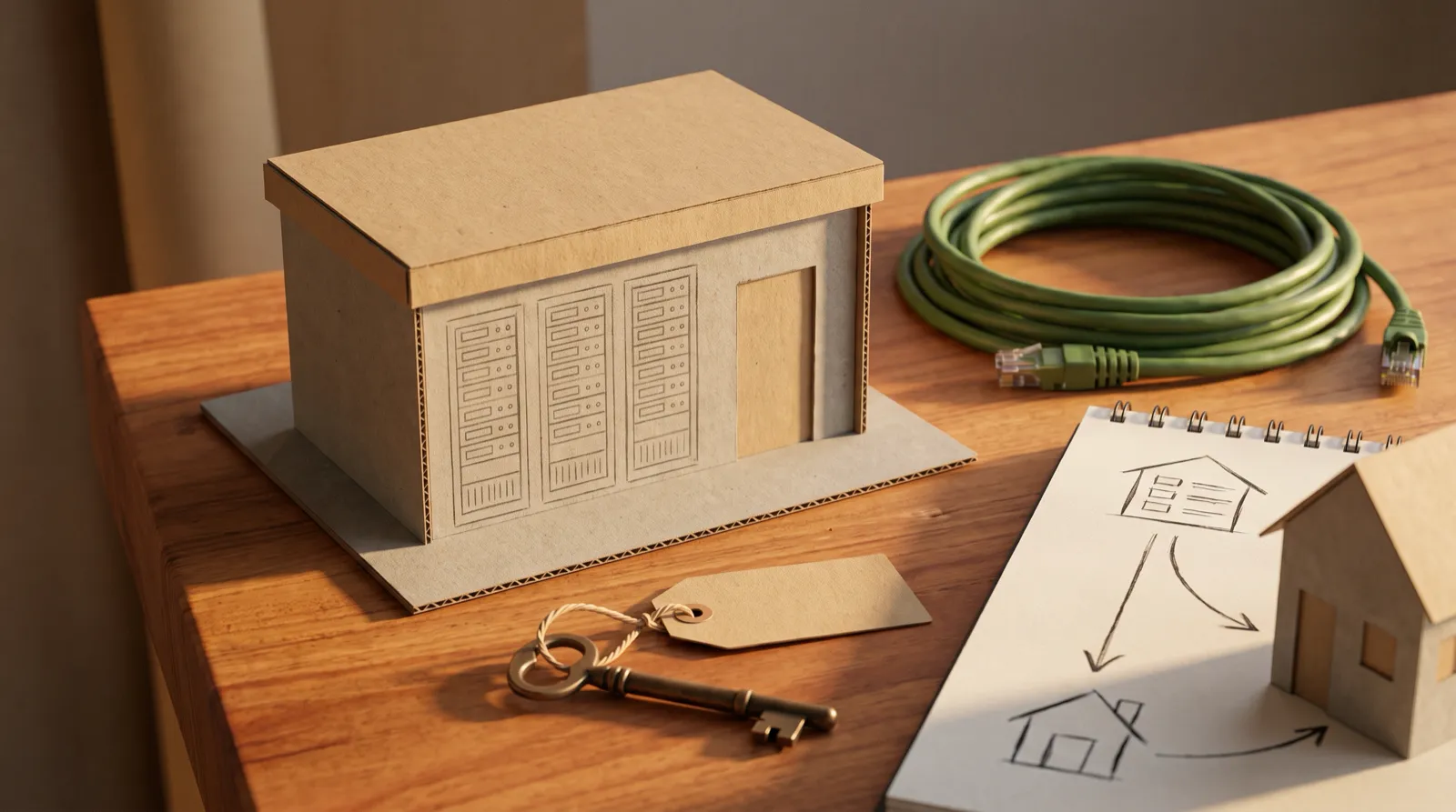 Maqueta de cartón de un pequeño edificio de servidores con una llave y una etiqueta de papel sobre una mesa de trabajo