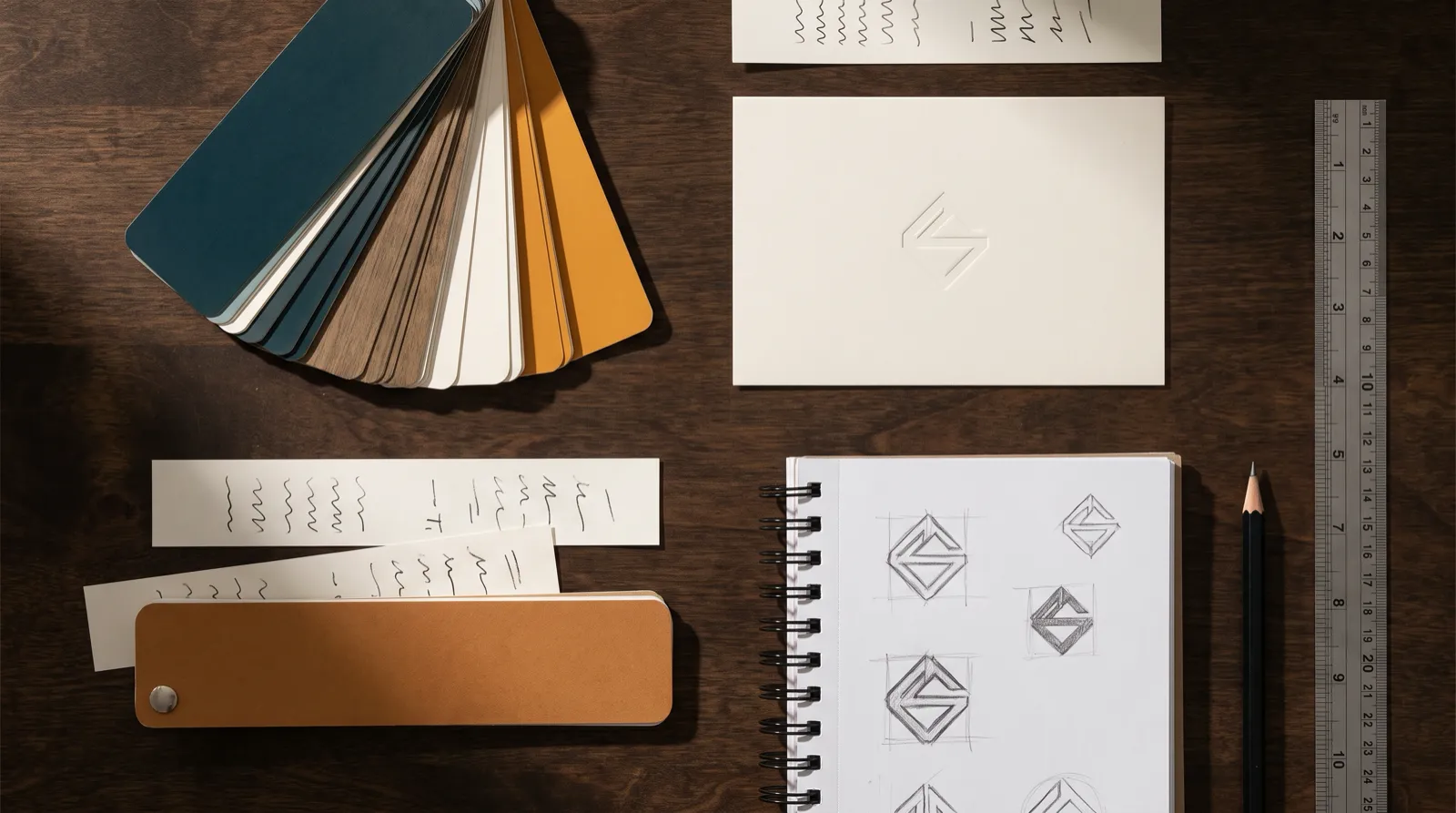 Muestras de color, pruebas de tipografía y una tarjeta de presentación sin texto ordenadas sobre una mesa de trabajo