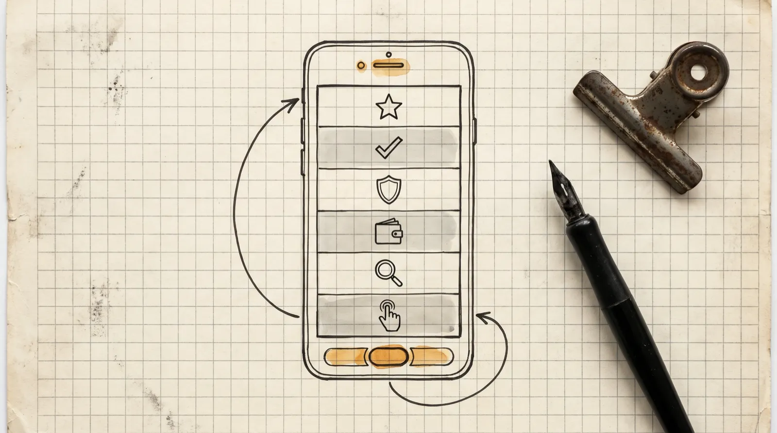 Diagrama dibujado a mano de una landing page en un teléfono, dividida en seis franjas con un botón que se repite al final