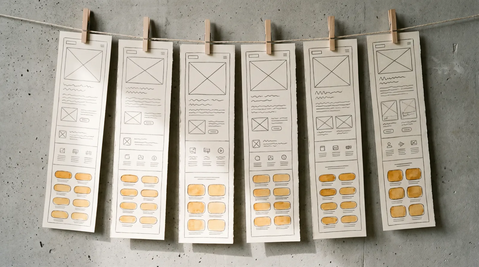 Ilustración de varias tiras largas de papel con bocetos de landing pages colgadas de una cuerda con pinzas de madera