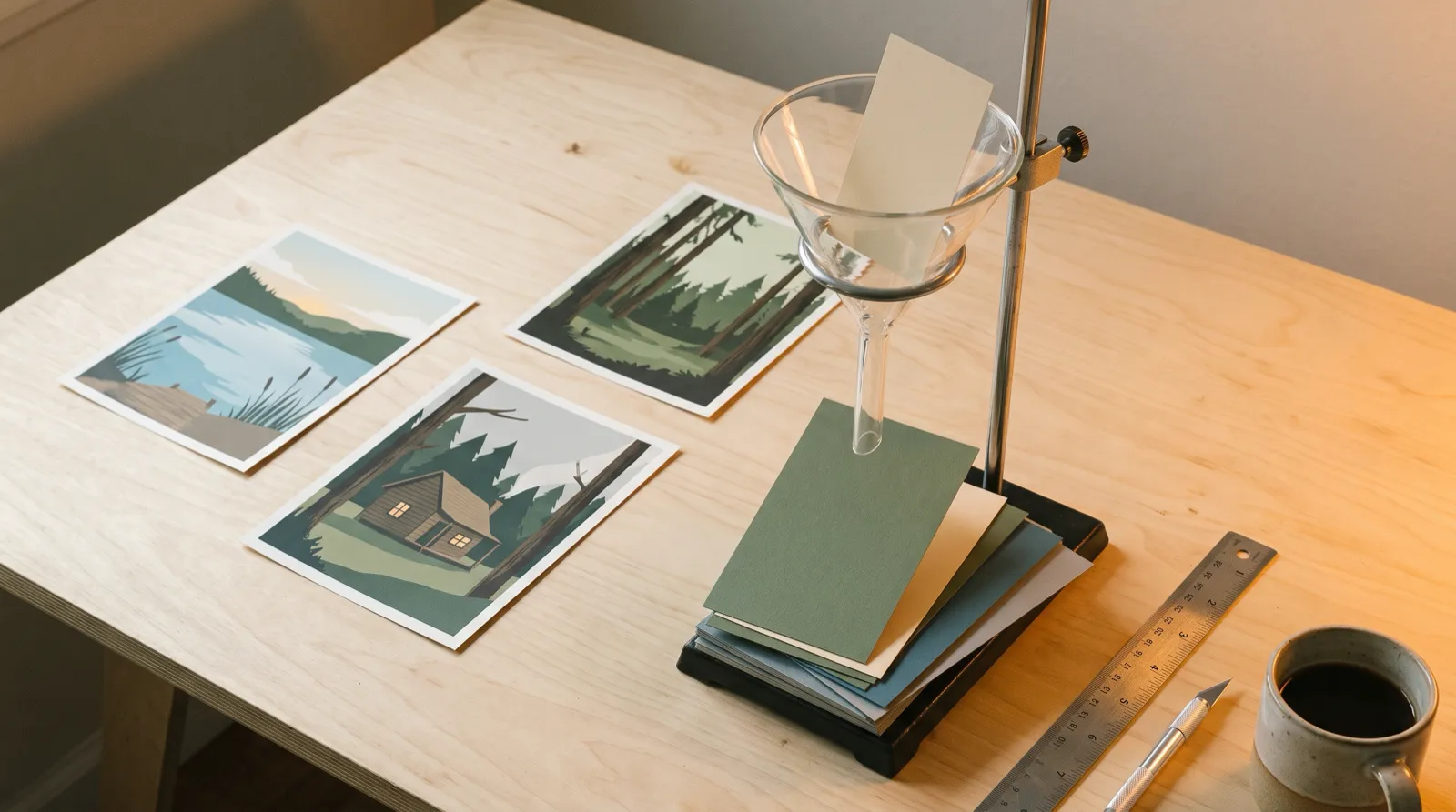 Ilustración de una mesa de trabajo con afiches impresos, una regla y un pequeño embudo de vidrio que ordena tarjetas de papel