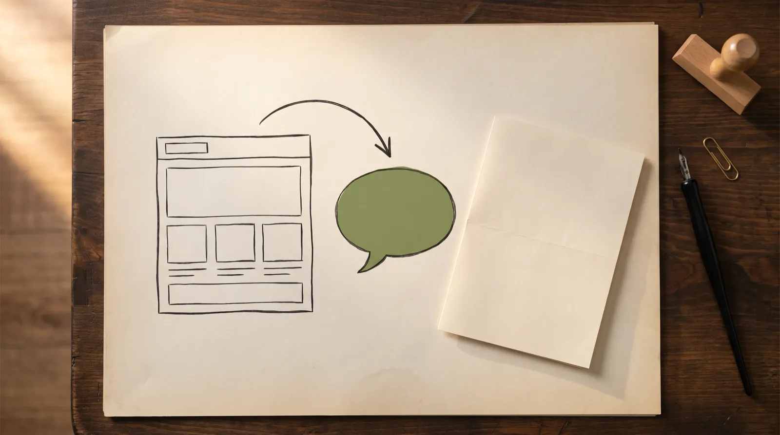 Ilustración de un recorrido dibujado a tinta sobre papel: una página web, una flecha y un globo de conversación que termina en una cotización
