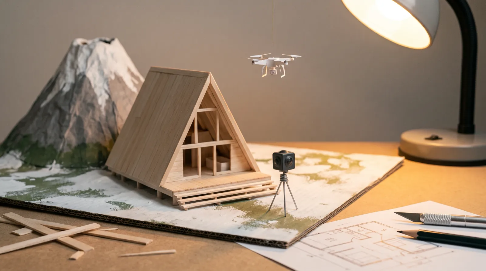 Maqueta de una cabaña con una cámara 360 sobre trípode en miniatura y un drone de papel suspendido sobre el techo