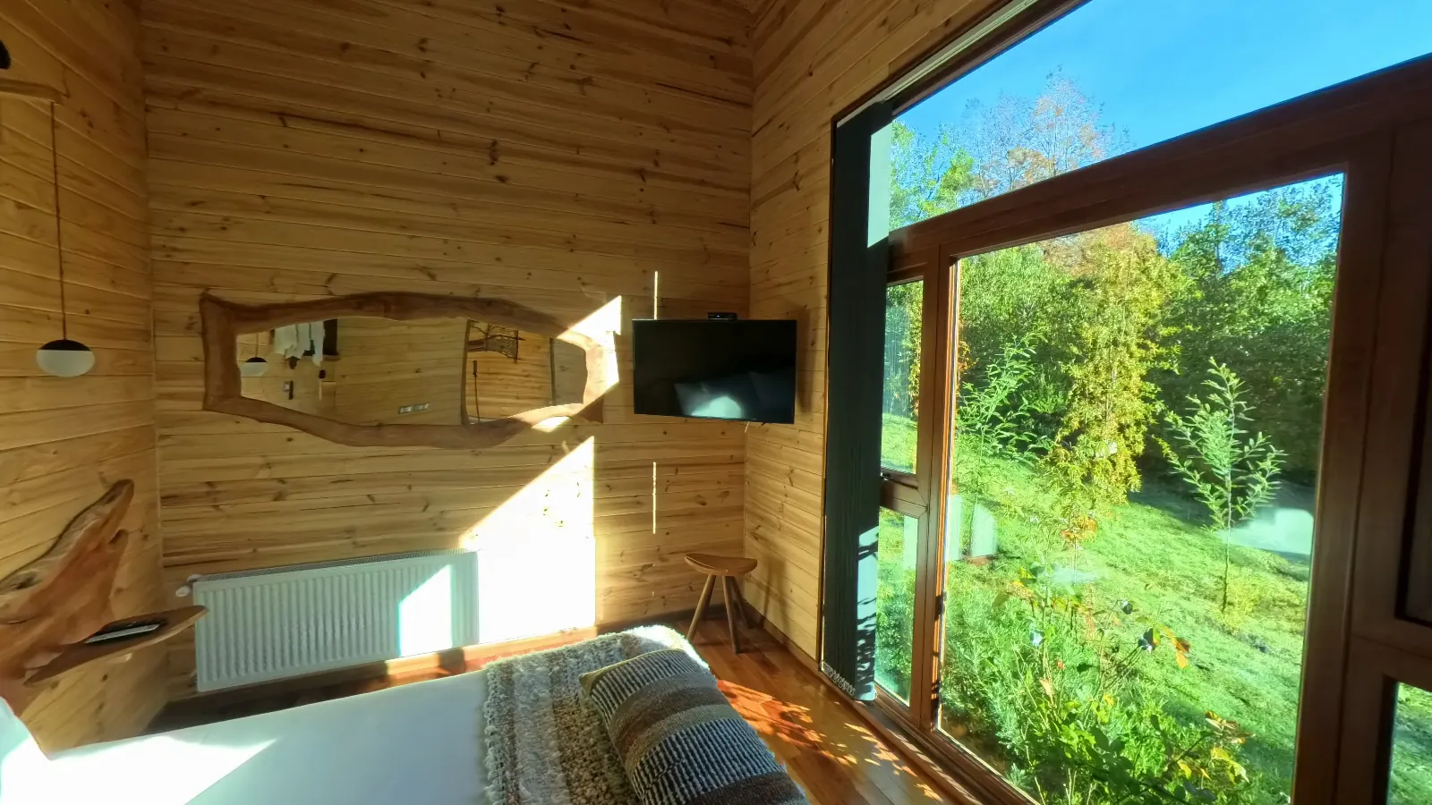Habitación de Ni-Newen Lodge en su recorrido virtual 360: luz de sol, paredes de madera y un gran ventanal hacia el jardín y el bosque, en Pucón