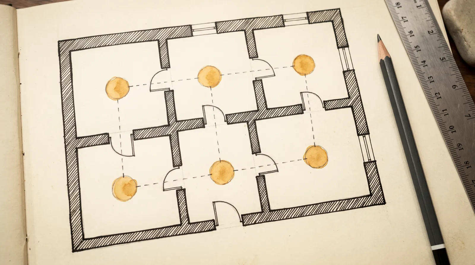 Plano de un museo de cuatro salas con los puntos de captura del recorrido virtual marcados en ámbar