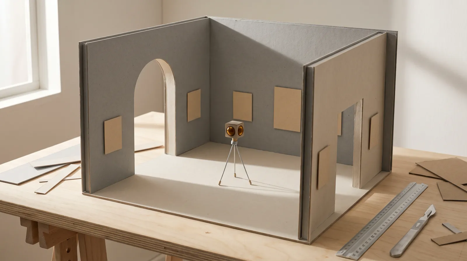 Maqueta de cartón de una sala de museo con una cámara 360° en miniatura sobre su trípode, en una mesa de trabajo