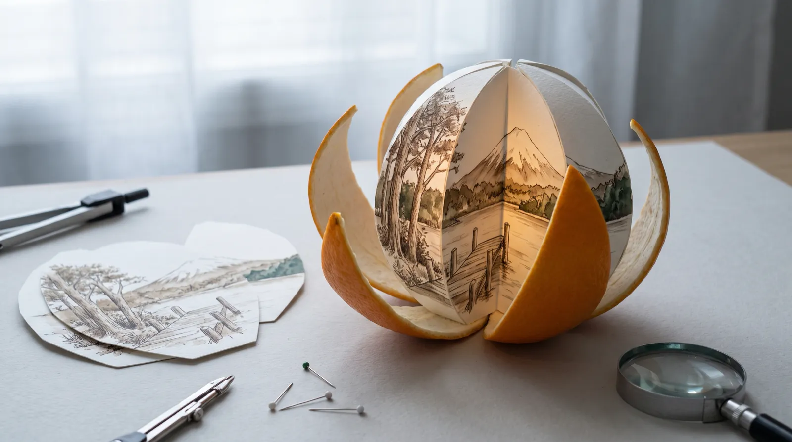 Esfera de papel desplegada sobre una mesa, con un paisaje del sur de Chile dibujado a tinta por dentro