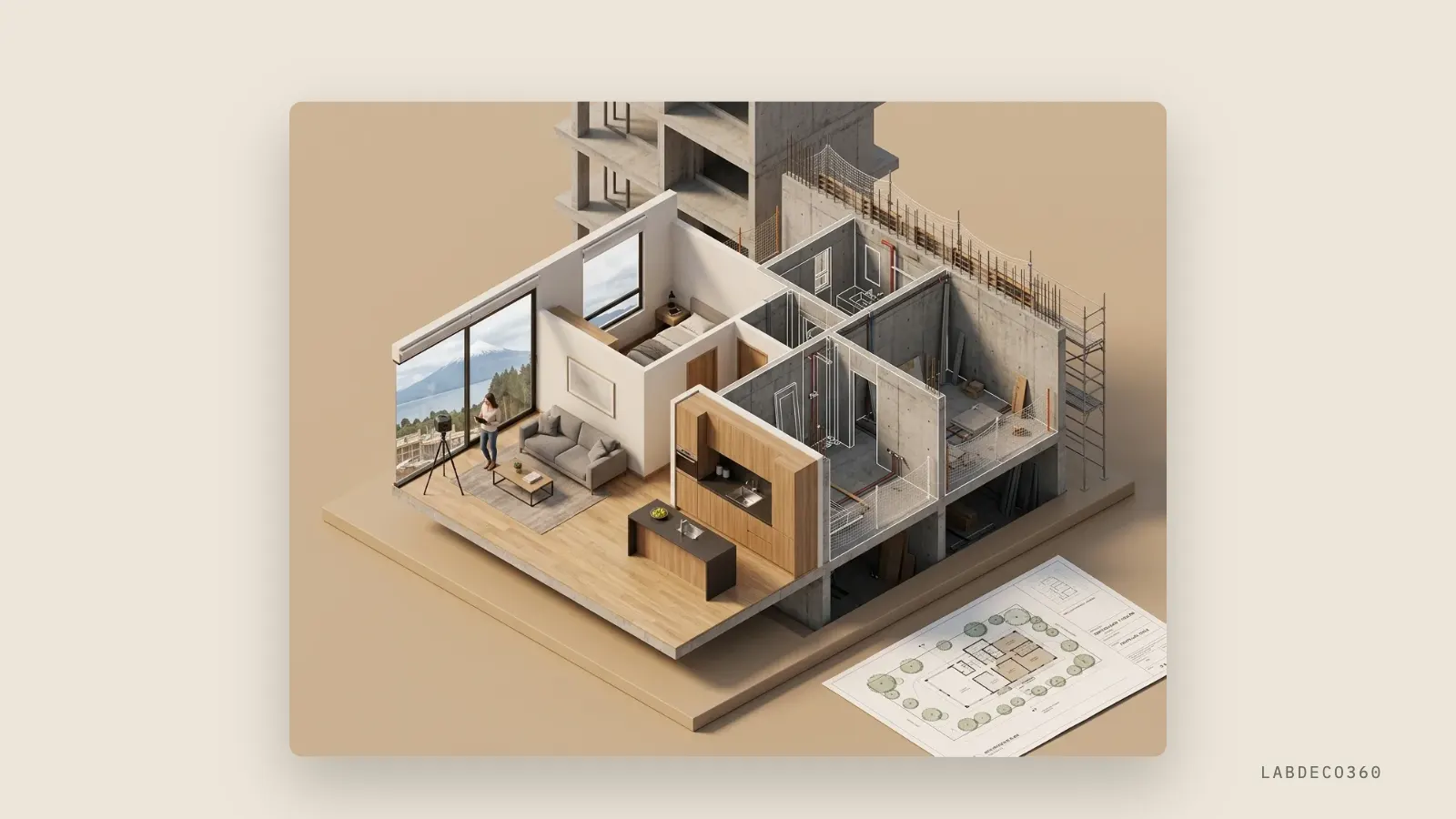 Ilustración de la captura 360° de un departamento en obra con cámara sobre trípode