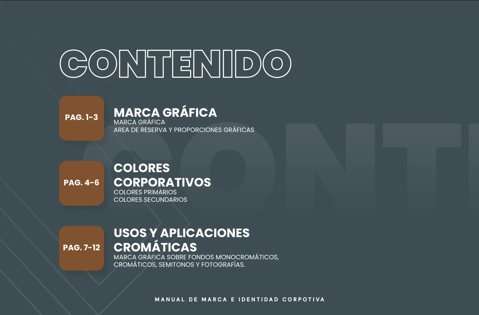 Índice del manual de marca de Truken: marca gráfica, colores corporativos y usos y aplicaciones cromáticas