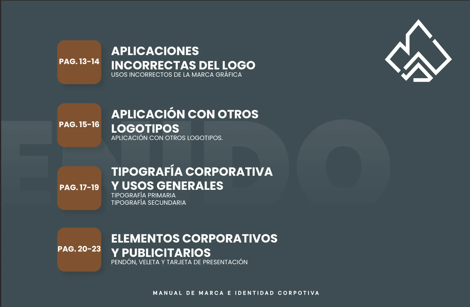 Segunda página del índice del manual de Truken: aplicaciones incorrectas, aplicación con otros logotipos, tipografía y elementos publicitarios