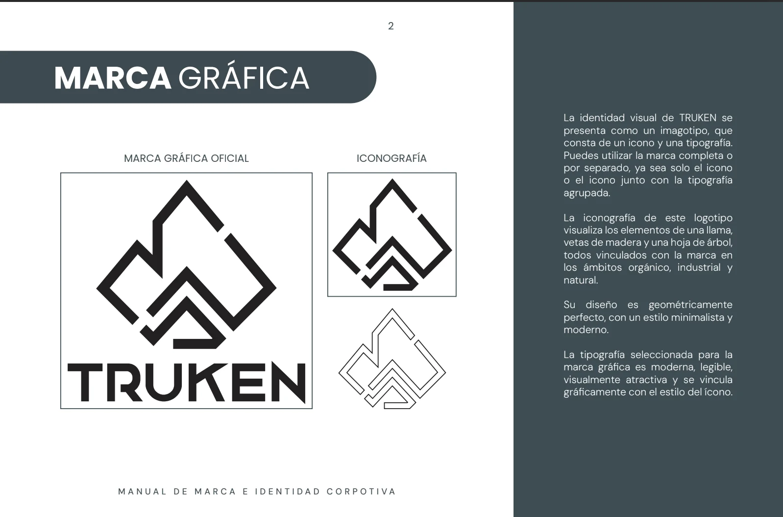 Página del manual de Truken con la marca gráfica oficial, el ícono en versión sólida y en contorno, y el texto que la define como imagotipo