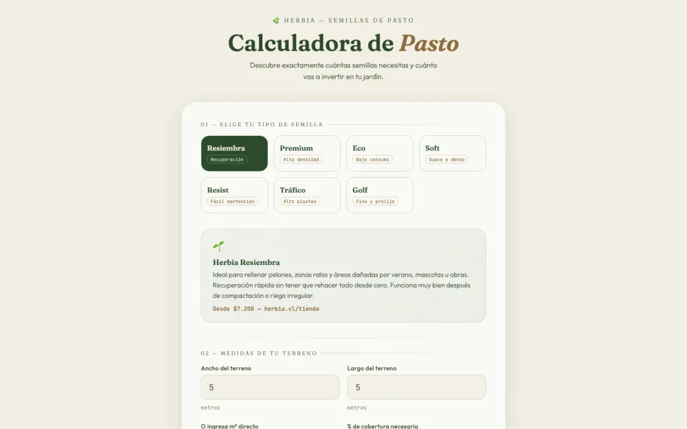Calculadora de semillas de pasto con selección de tipo de semilla y medidas del terreno