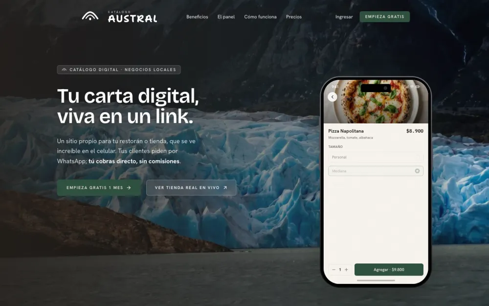 Página de inicio de Catálogo Austral con el mensaje "Tu carta digital, viva en un link"