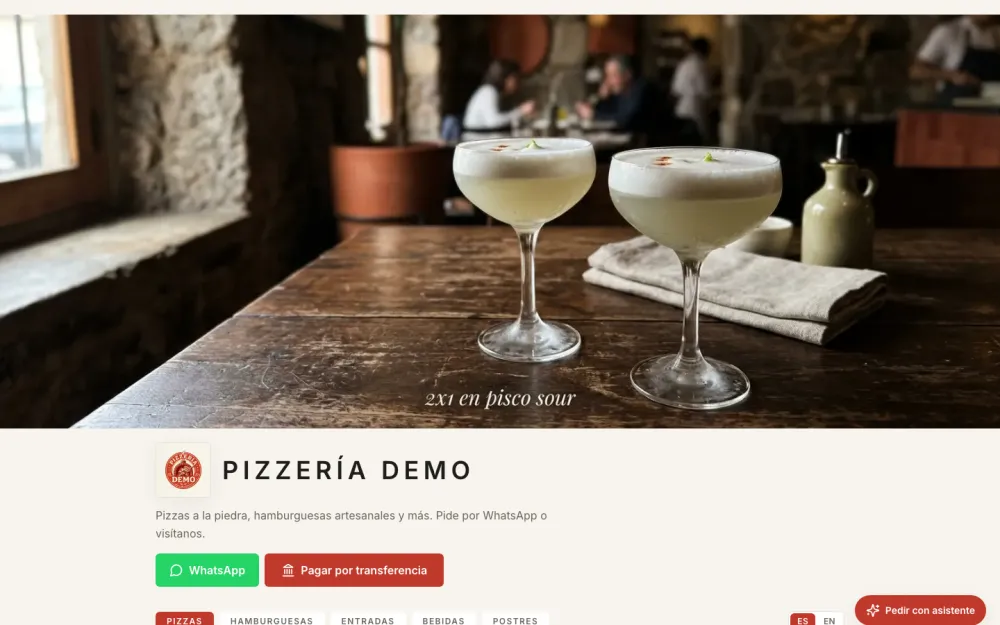 Tienda demo de una pizzería en Catálogo Austral, con menú por categorías y botón de WhatsApp