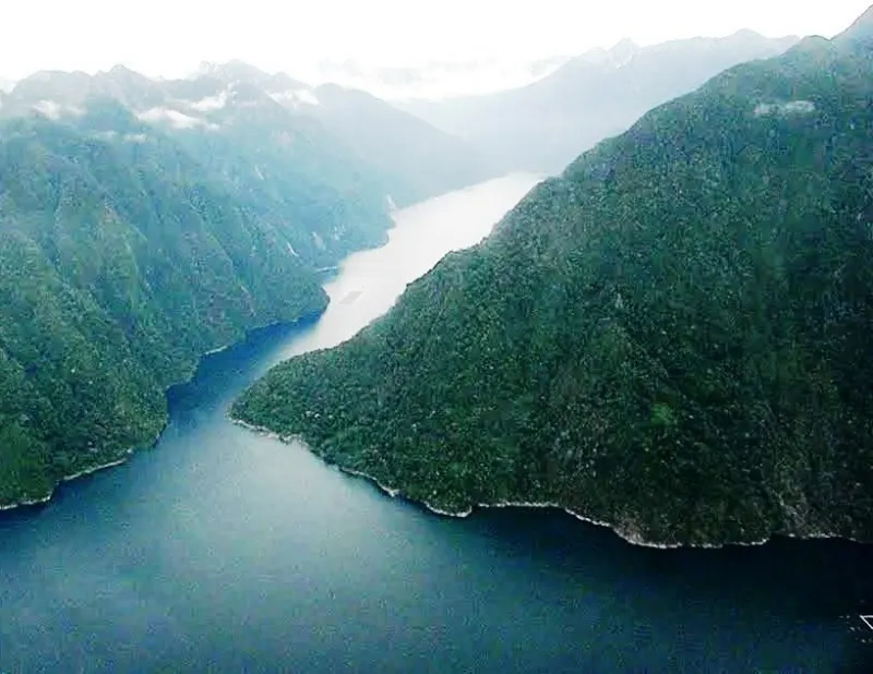 Vista aérea del fiordo Quintupeu entre laderas boscosas