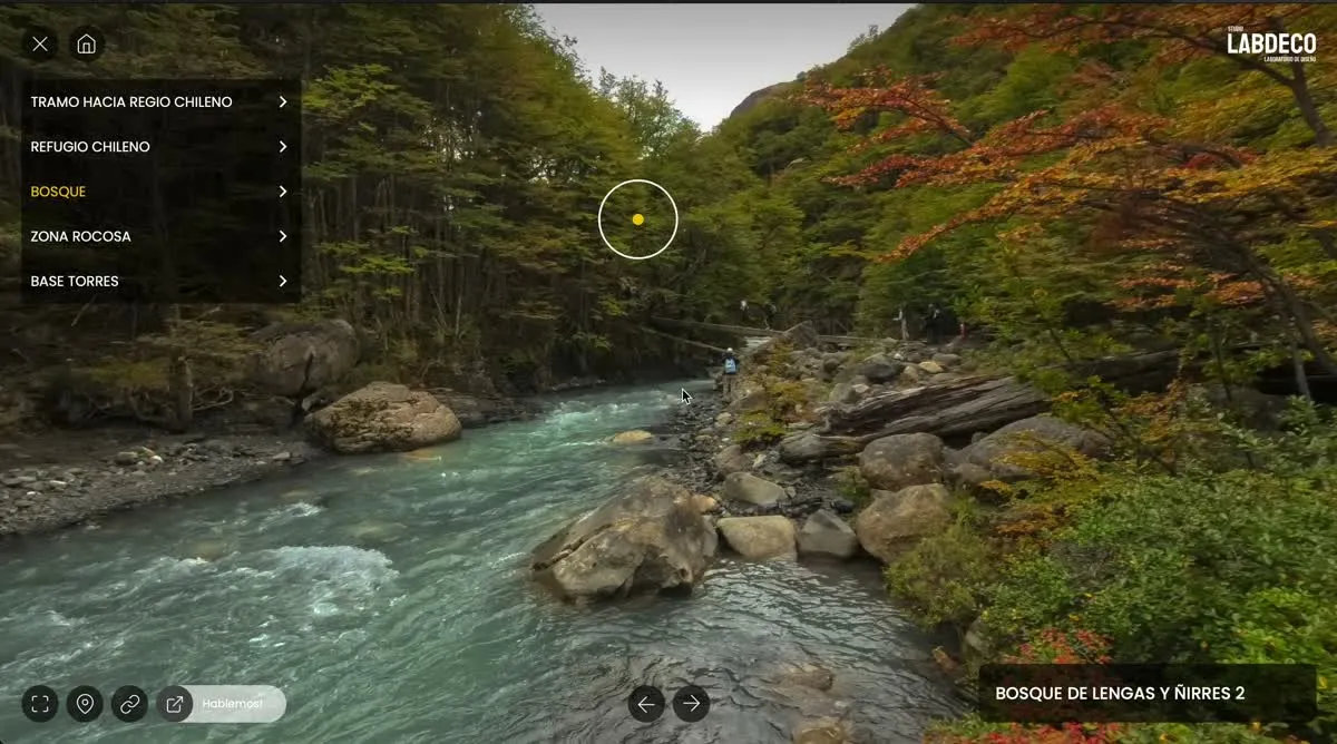 Recorrido virtual 360° del trekking a Base Torres, Torres del Paine — bosque de lengas y río